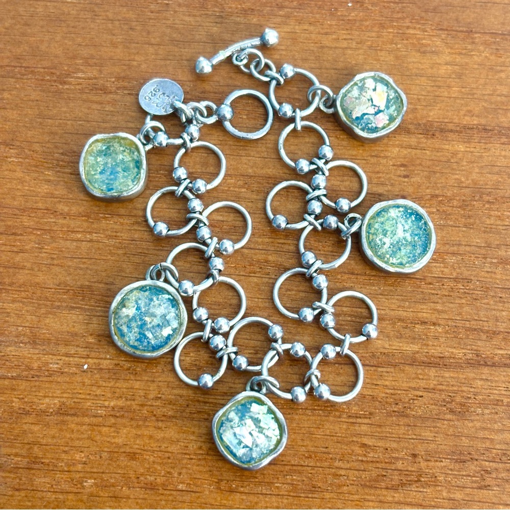Sterling Silver Roman Glass Charm Bracelet
